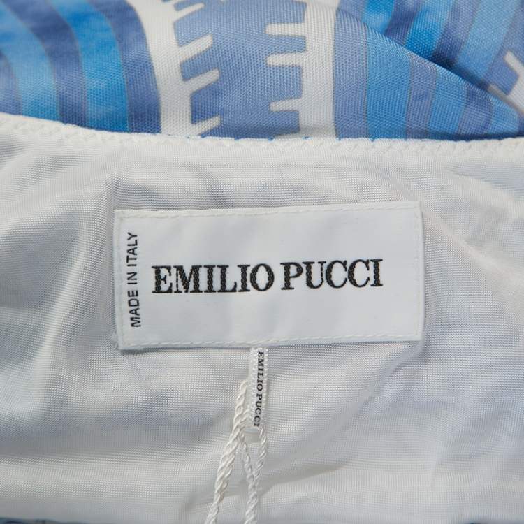 Pre Owned Emilio Pucci Blue and White Printed Ruched Sleeveless Dress S