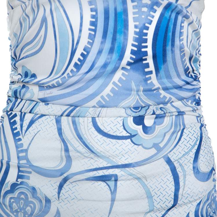 Pre Owned Emilio Pucci Blue and White Printed Ruched Sleeveless Dress S