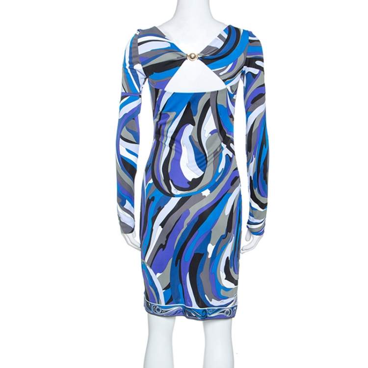 Pre Owned Emilio Pucci Blue Signature Printed Jersey Buckled Dress S