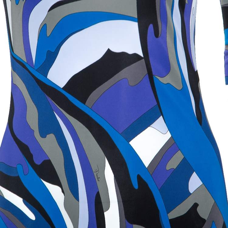 Pre Owned Emilio Pucci Blue Signature Printed Jersey Buckled Dress S