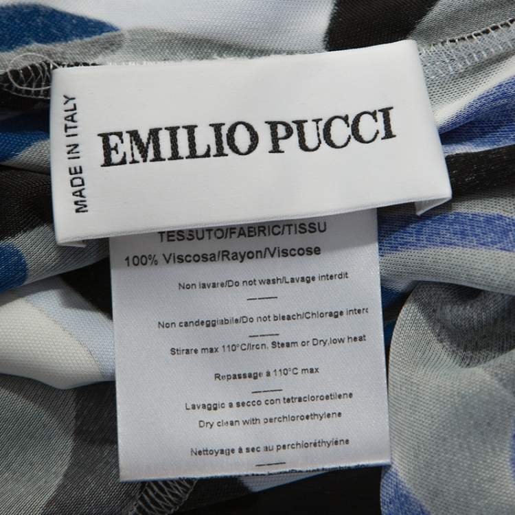 Pre Owned Emilio Pucci Blue Signature Printed Jersey Buckled Dress S