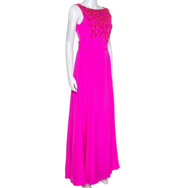 Pre Owned Emilio Pucci Bright Pink Silk Embellished Bodice Sleeveless Gown S