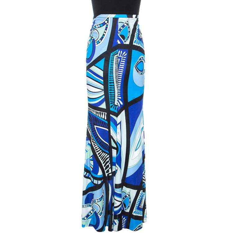 Pre Owned Emilio Pucci Blue Abstract Printed Jersey Flared Maxi Skirt M