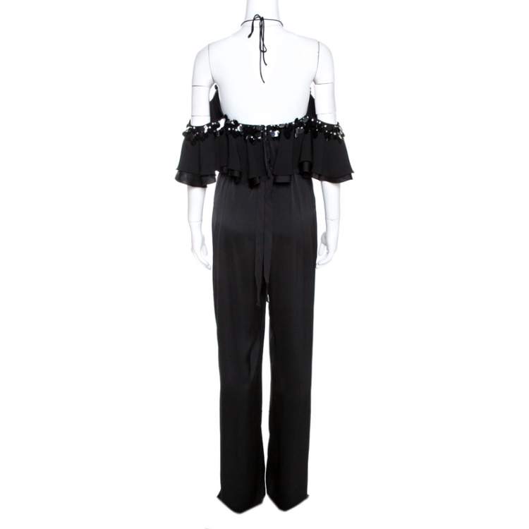 Pre Owned Emilio Pucci Black Crepe Embellished Ruffle Trim Jumpsuit S