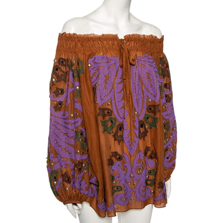 Emilio Pucci Brown Cotton Embellished Off-Shoulder Tunic S Emilio