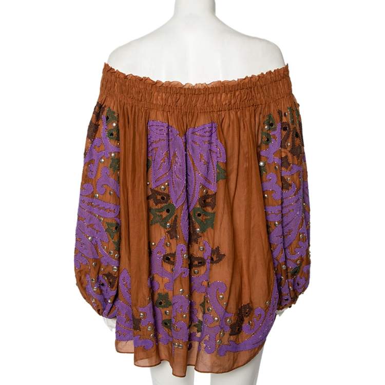 Pre Owned Emilio Pucci Brown Cotton Embellished Off-Shoulder Tunic S