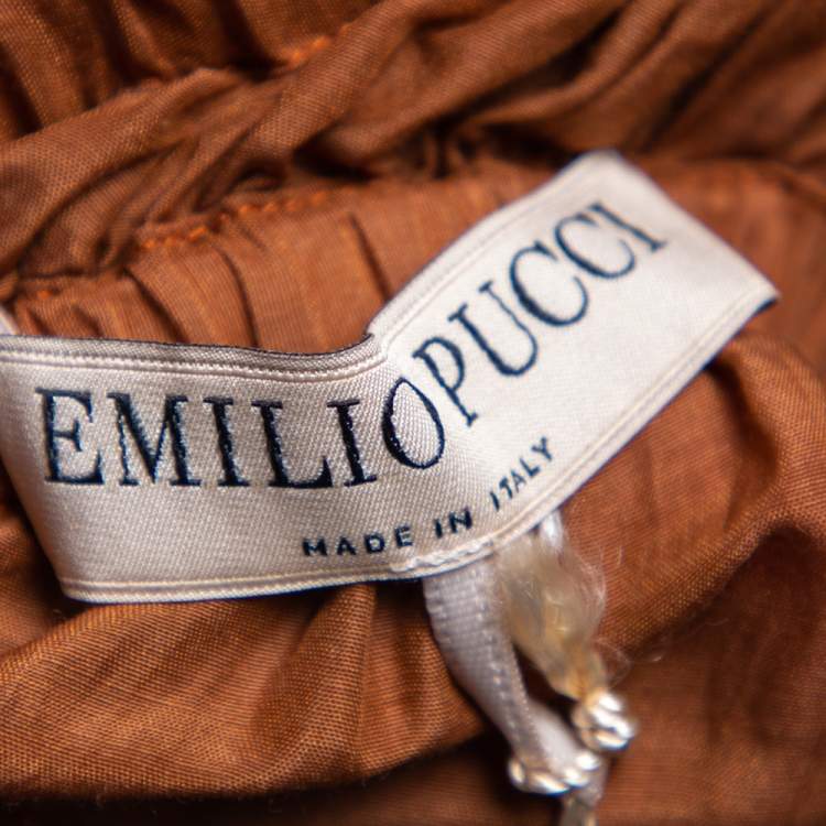 Pre Owned Emilio Pucci Brown Cotton Embellished Off-Shoulder Tunic S