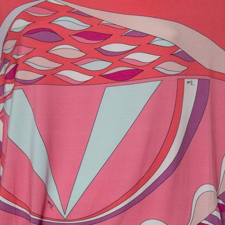 Pre Owned Emilio Pucci Multicolored Abstract Printed Jersey Pleated Detailed Top L 