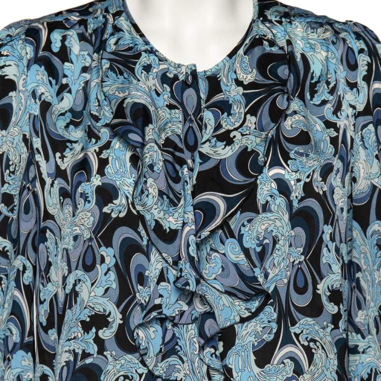 Pre Owned Emilio Pucci Blue Printed Silk Ruffle Detail Button Front Top L 