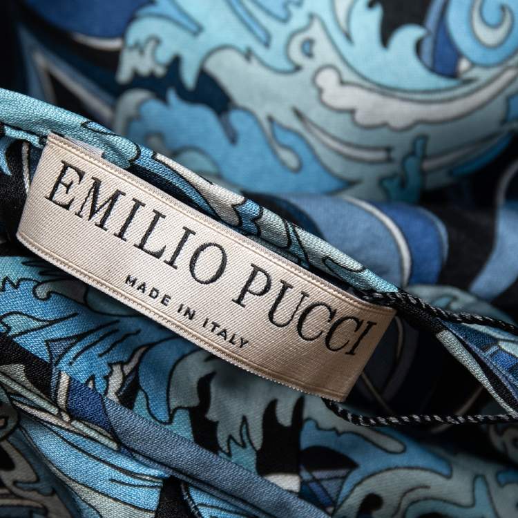 Pre Owned Emilio Pucci Blue Printed Silk Ruffle Detail Button Front Top L 