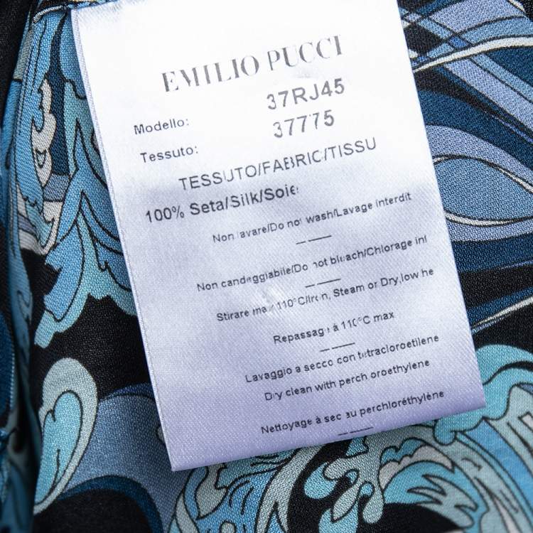 Pre Owned Emilio Pucci Blue Printed Silk Ruffle Detail Button Front Top L 