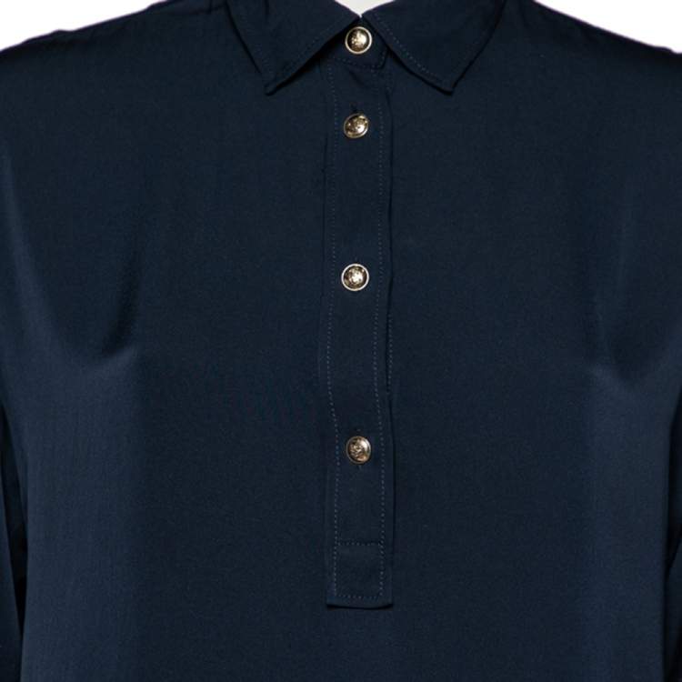 Pre Owned Emilio Pucci Midnight Blue Stretch Silk Short Sleeve Blouse M