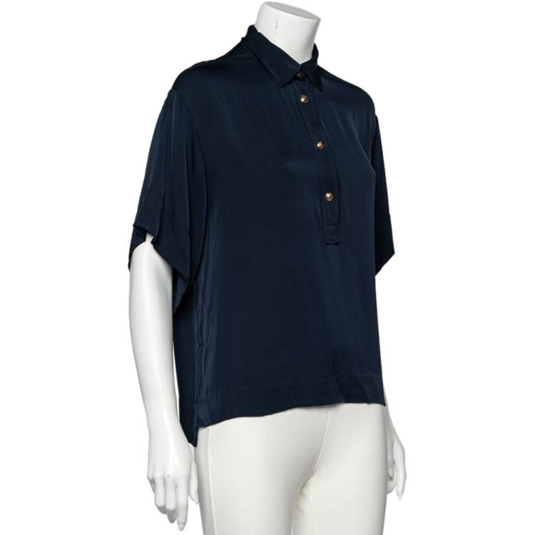 Pre Owned Emilio Pucci Midnight Blue Stretch Silk Short Sleeve Blouse M