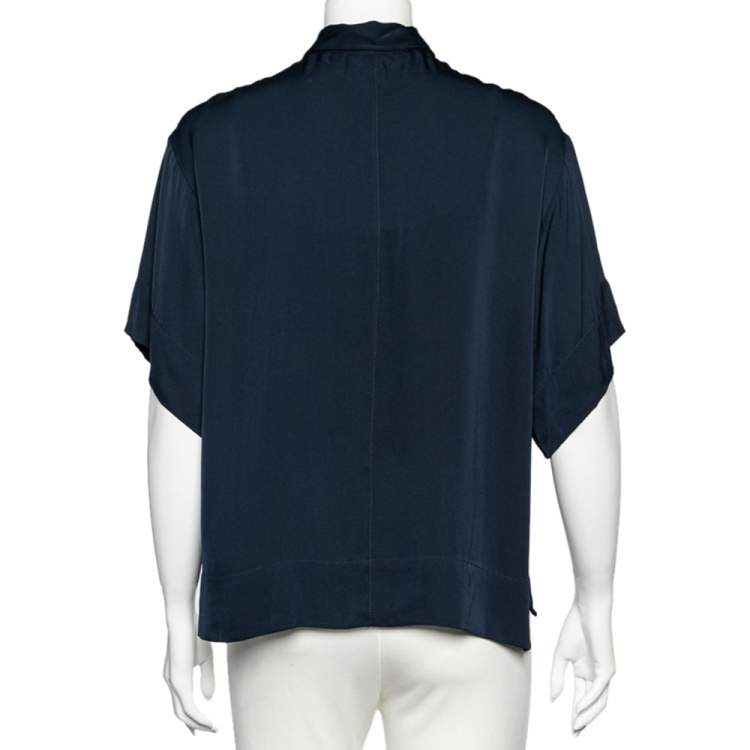 Pre Owned Emilio Pucci Midnight Blue Stretch Silk Short Sleeve Blouse M