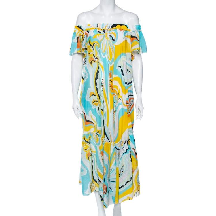 Pre Owned Emilio Pucci Multicolored Badea Print Cotton Off-Shoulder Tiered Dress L