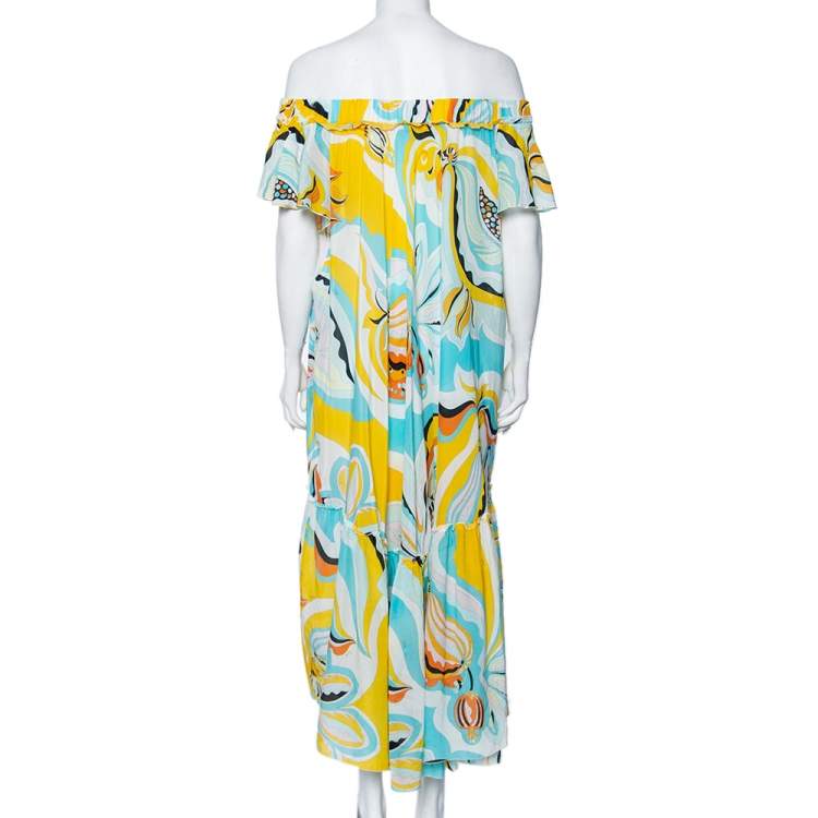 Pre Owned Emilio Pucci Multicolored Badea Print Cotton Off-Shoulder Tiered Dress L