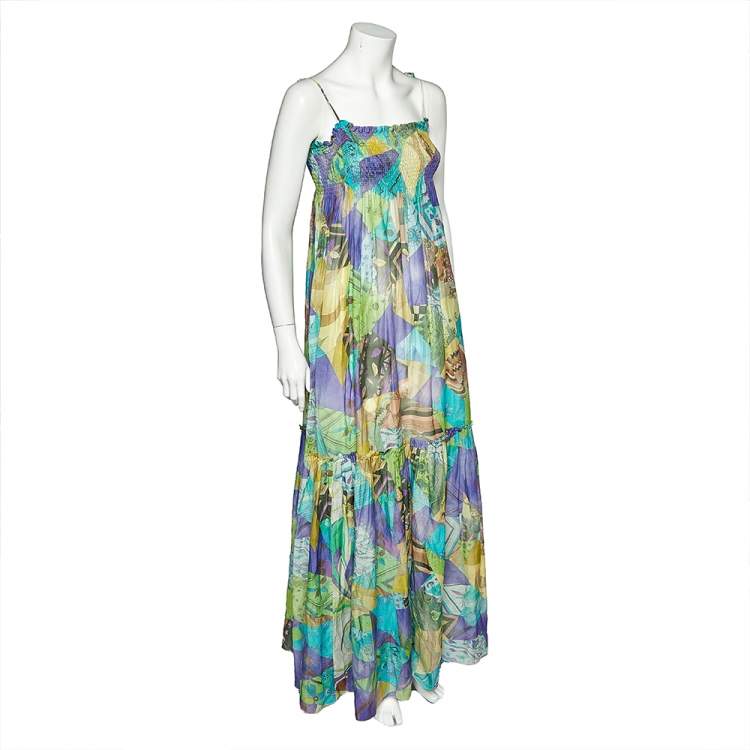 Pre Owned Emilio Pucci Multicolor Printed Cotton And Silk Smocked Maxi Dress M 