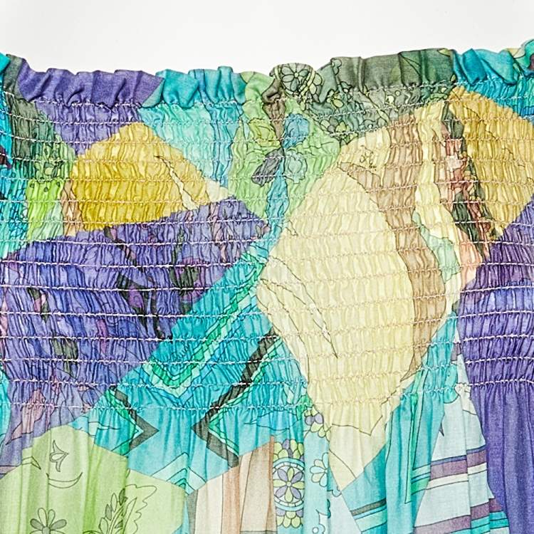 Pre Owned Emilio Pucci Multicolor Printed Cotton And Silk Smocked Maxi Dress M 