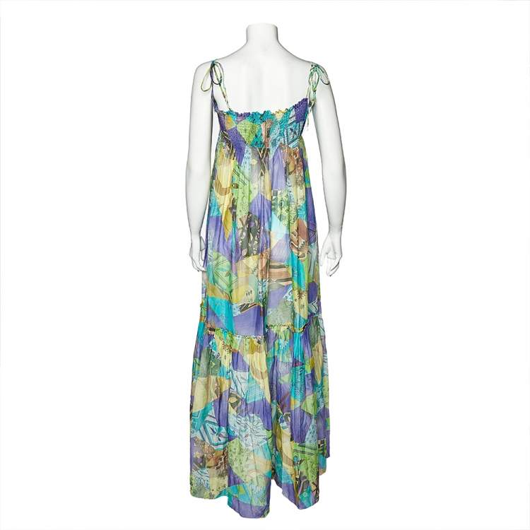 Pre Owned Emilio Pucci Multicolor Printed Cotton And Silk Smocked Maxi Dress M 