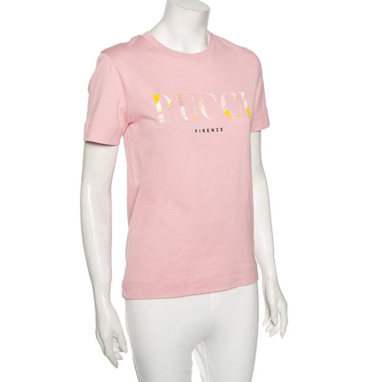 Pre Owned Emilio Pucci Pink Vetrate Logo Printed Cotton Short Sleeve T-Shirt XS