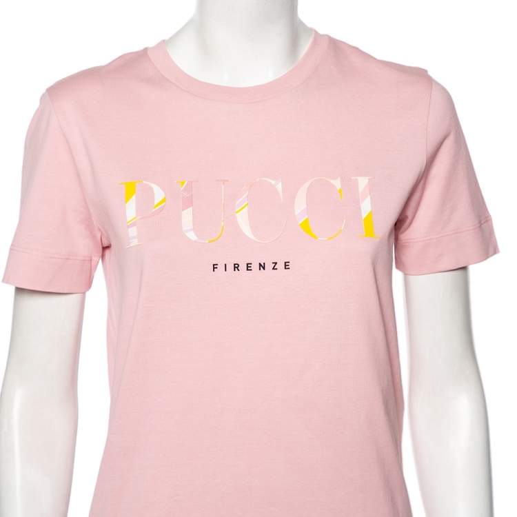Pre Owned Emilio Pucci Pink Vetrate Logo Printed Cotton Short Sleeve T-Shirt XS