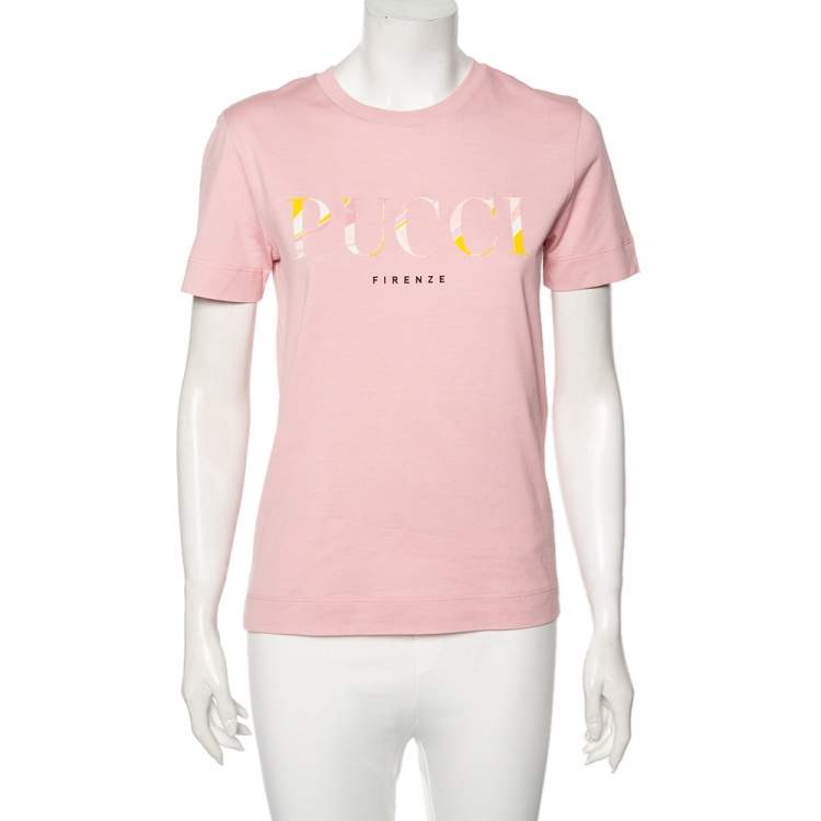 Pre Owned Emilio Pucci Pink Vetrate Logo Printed Cotton Short Sleeve T-Shirt XS