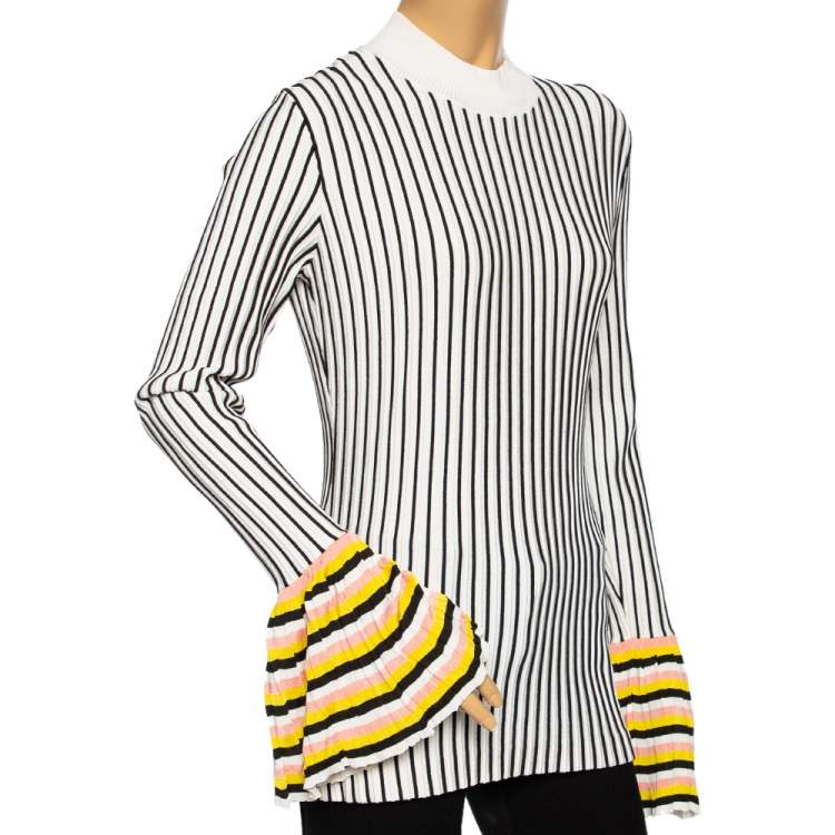 Pre Owned Emilio Pucci Black & White Striped Knit Pleated Cuff Detailed Top XL