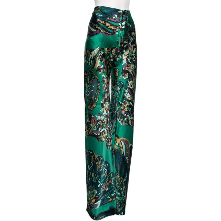 مملوكة مسبقًا Emilio Pucci Green Printed Stretch Silk Flared Trousers M