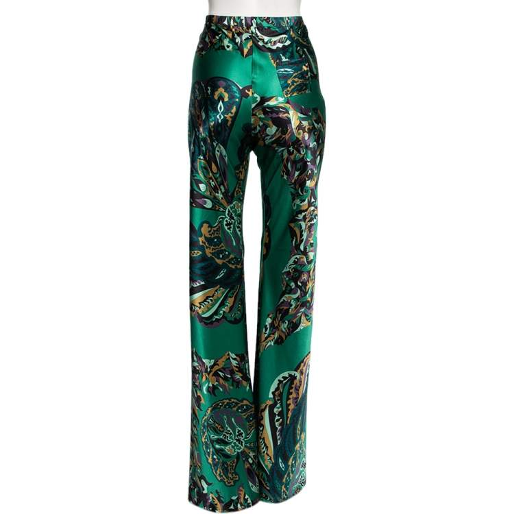 مملوكة مسبقًا Emilio Pucci Green Printed Stretch Silk Flared Trousers M