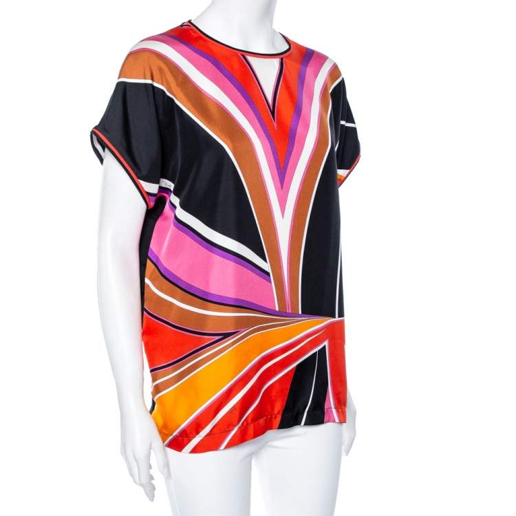 Pre Owned Emilio Pucci Multicolored Printed Silk & Cotton Short Sleeve Top M