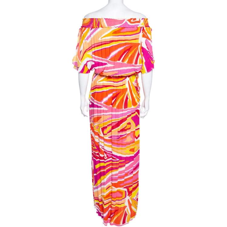 Pre Owned Emilio Pucci Multicolored Printed Crepe Ruched Maxi Dress M 