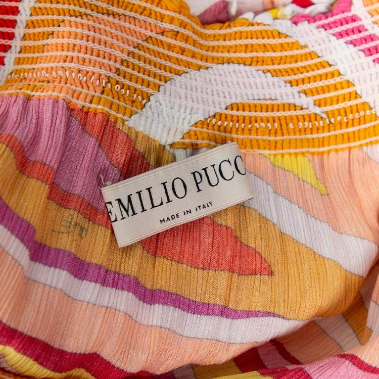 Pre Owned Emilio Pucci Multicolored Printed Crepe Ruched Maxi Dress M 