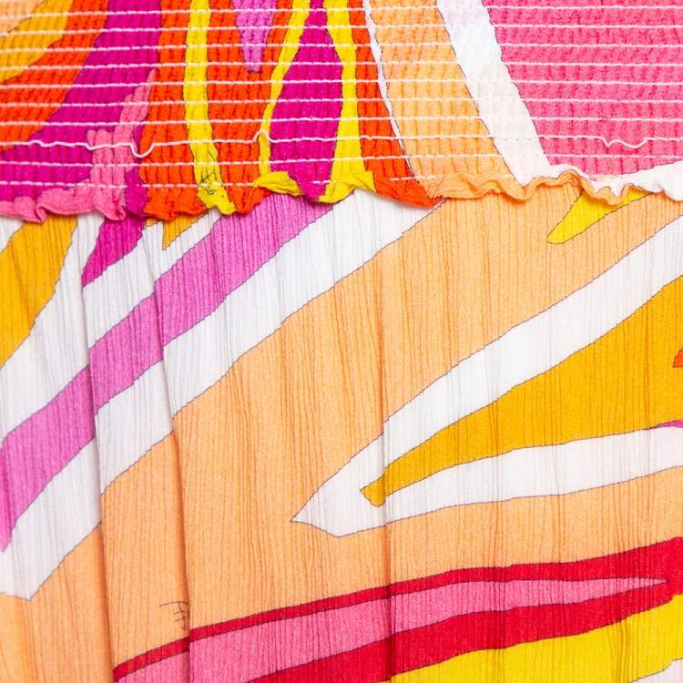 Pre Owned Emilio Pucci Multicolored Printed Crepe Ruched Maxi Dress M 