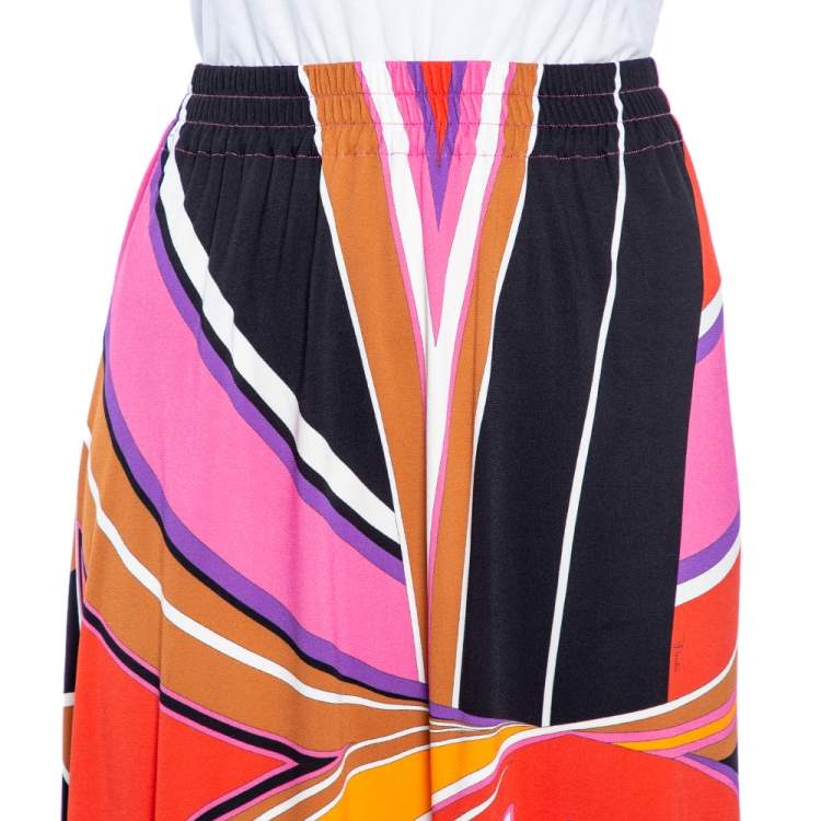 Pre Owned Emilio Pucci Multicolored Printed Jersey Midi Skirt M