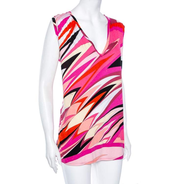 Pre Owned Emilio Pucci Multicolored Printed Cotton V Neck Sleeveless Top S