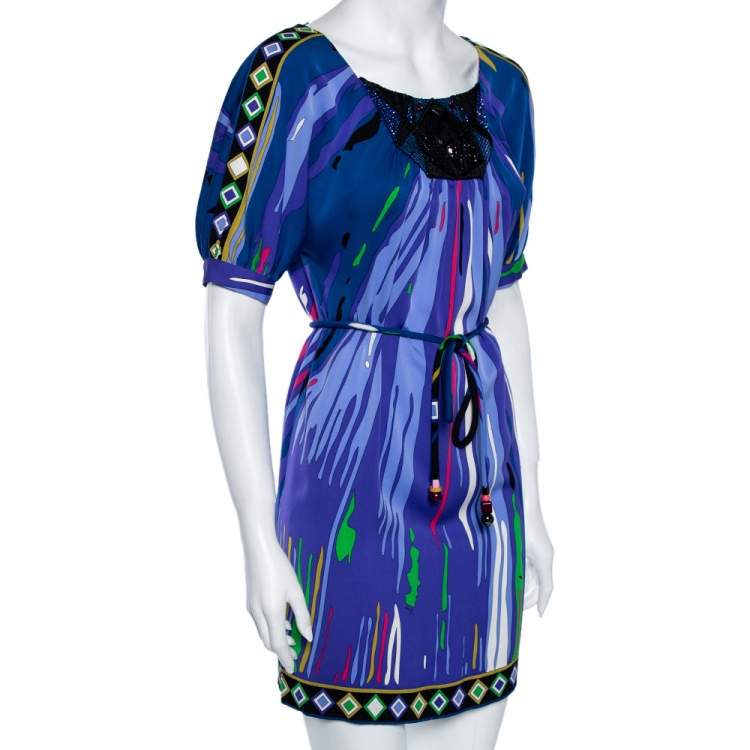 Pre Owned Emilio Pucci Multicolor Printed Silk Embellished Belted Shift Dress S