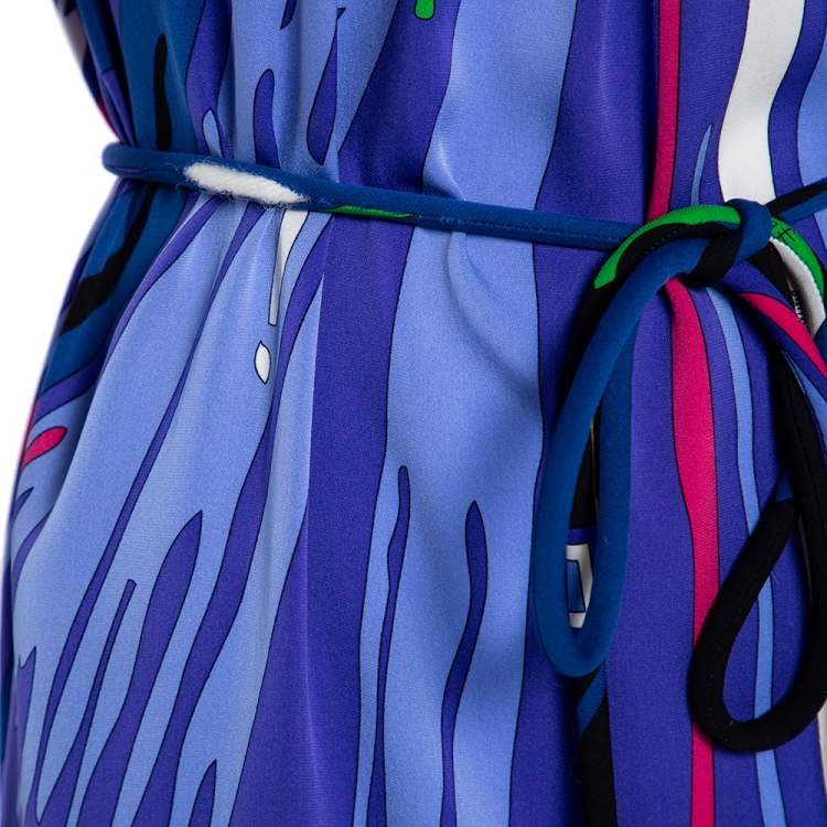 Pre Owned Emilio Pucci Multicolor Printed Silk Embellished Belted Shift Dress S