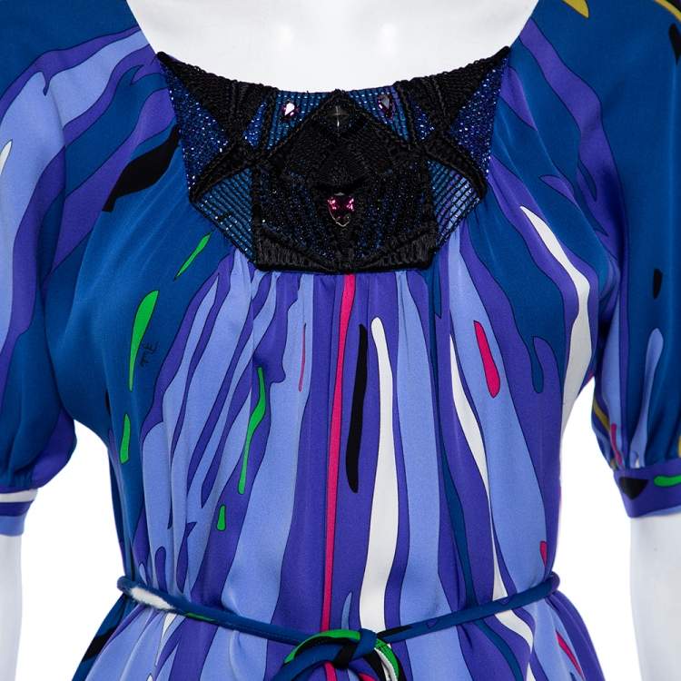 Pre Owned Emilio Pucci Multicolor Printed Silk Embellished Belted Shift Dress S