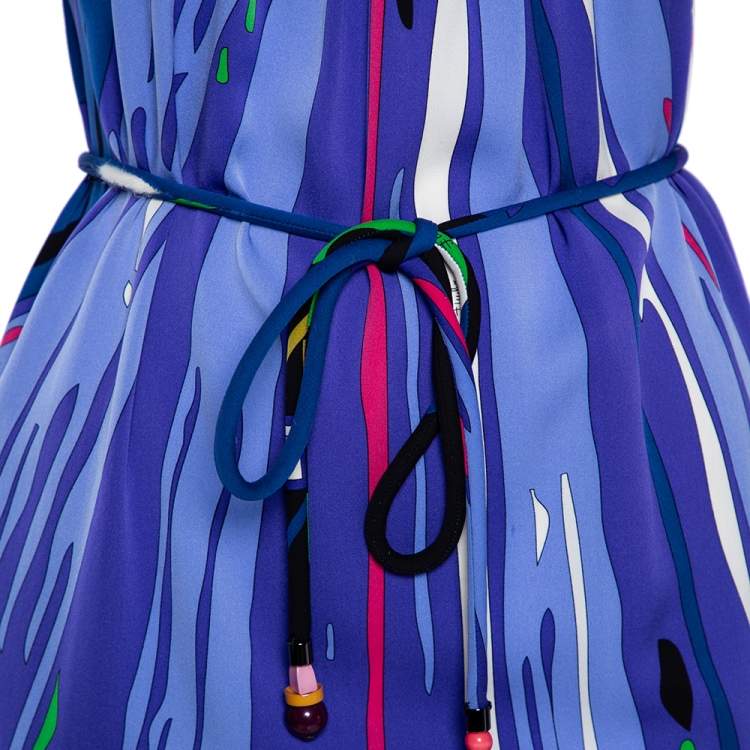 Pre Owned Emilio Pucci Multicolor Printed Silk Embellished Belted Shift Dress S