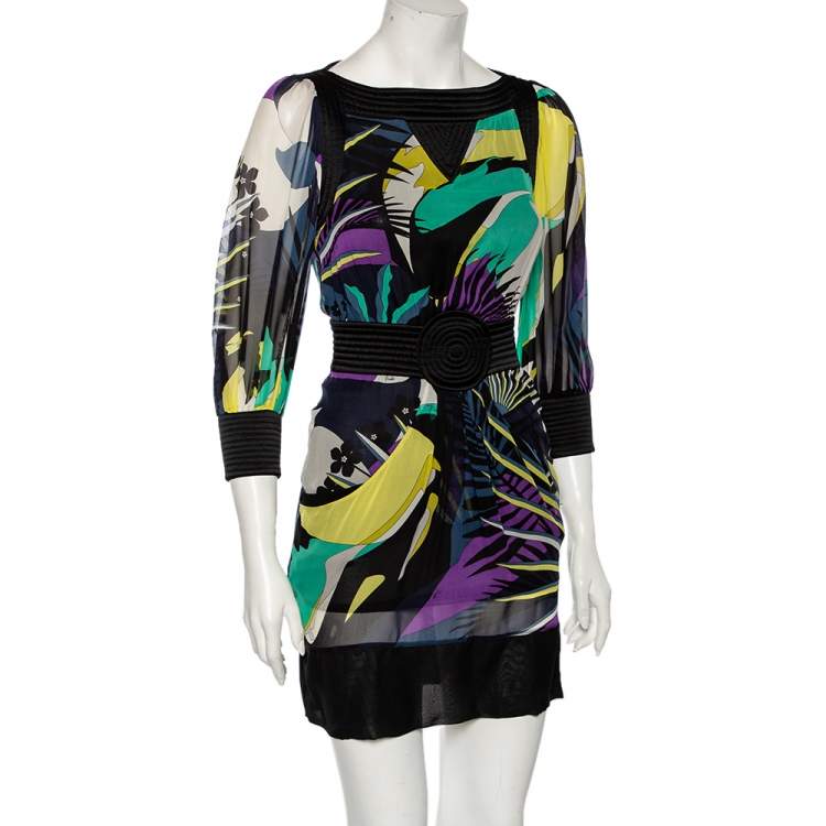 Pre Owned Emilio Pucci Multicolor Printed Silk Quilted Detail Mini Dress S