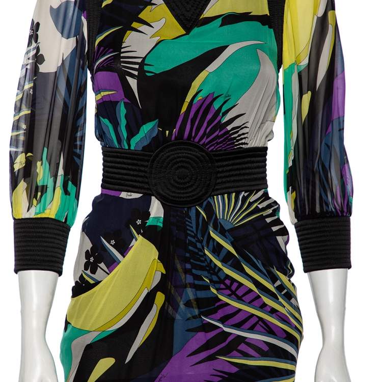 Pre Owned Emilio Pucci Multicolor Printed Silk Quilted Detail Mini Dress S
