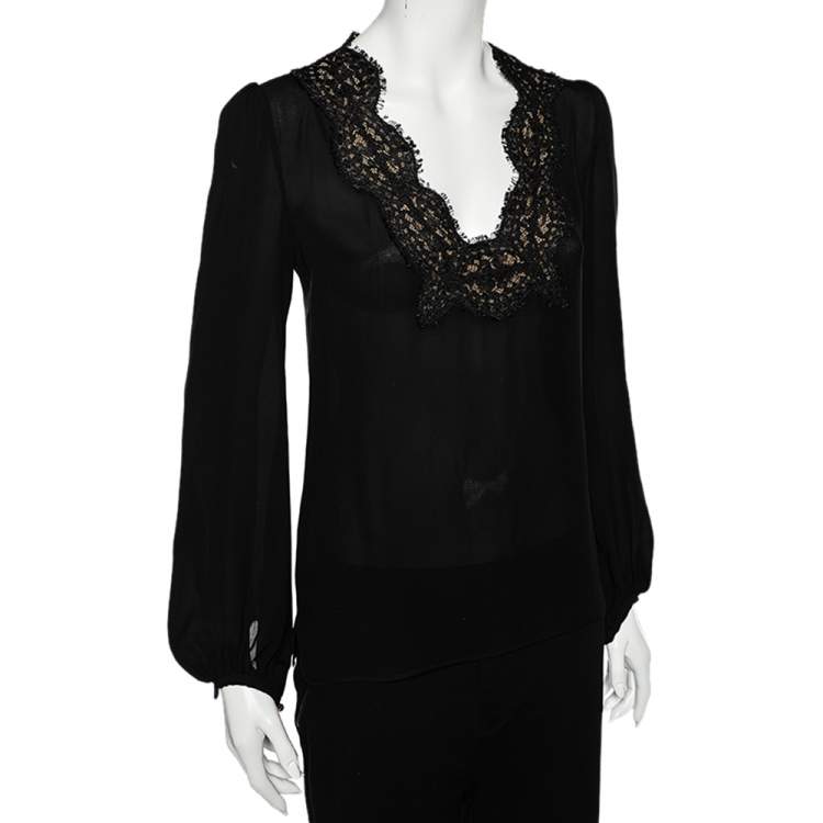 Pre Owned Emilio Pucci Black Silk Lace Trim Long Sleeve Blouse S