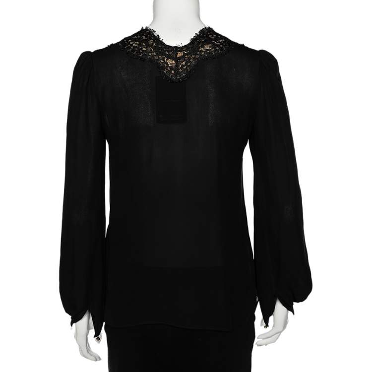 Pre Owned Emilio Pucci Black Silk Lace Trim Long Sleeve Blouse S