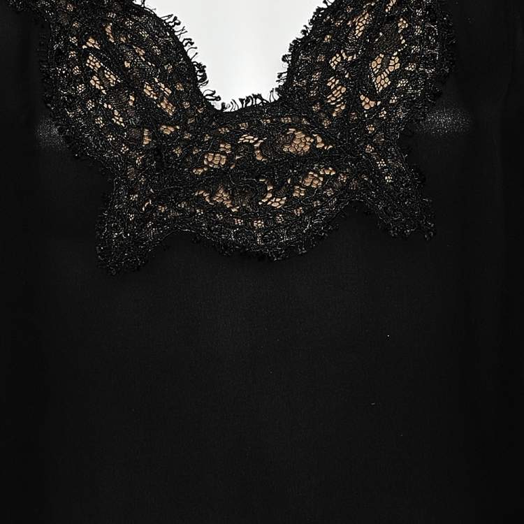 Pre Owned Emilio Pucci Black Silk Lace Trim Long Sleeve Blouse S