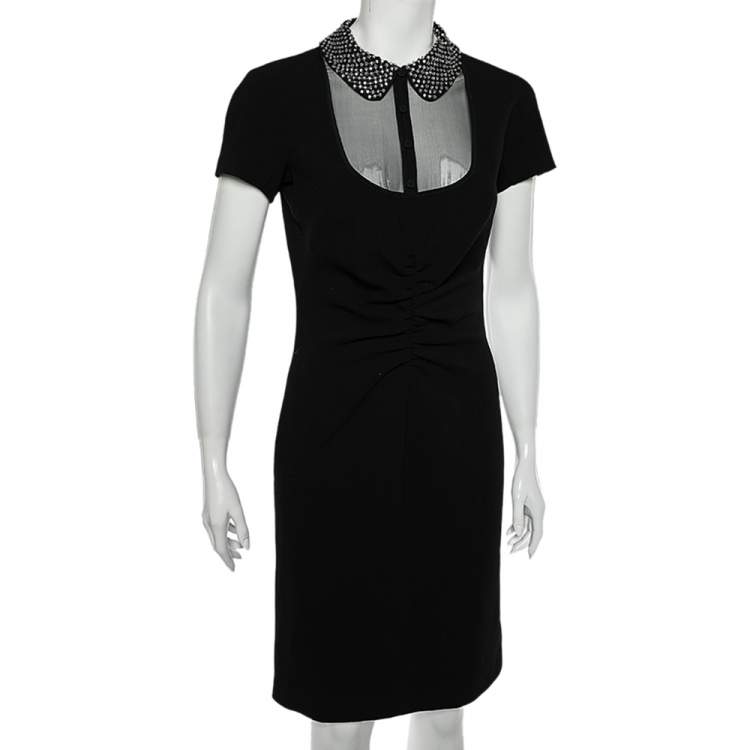 Pre Owned Emilio Pucci Black Textured Crepe Embellished Collar Detailed Ruched Dress S