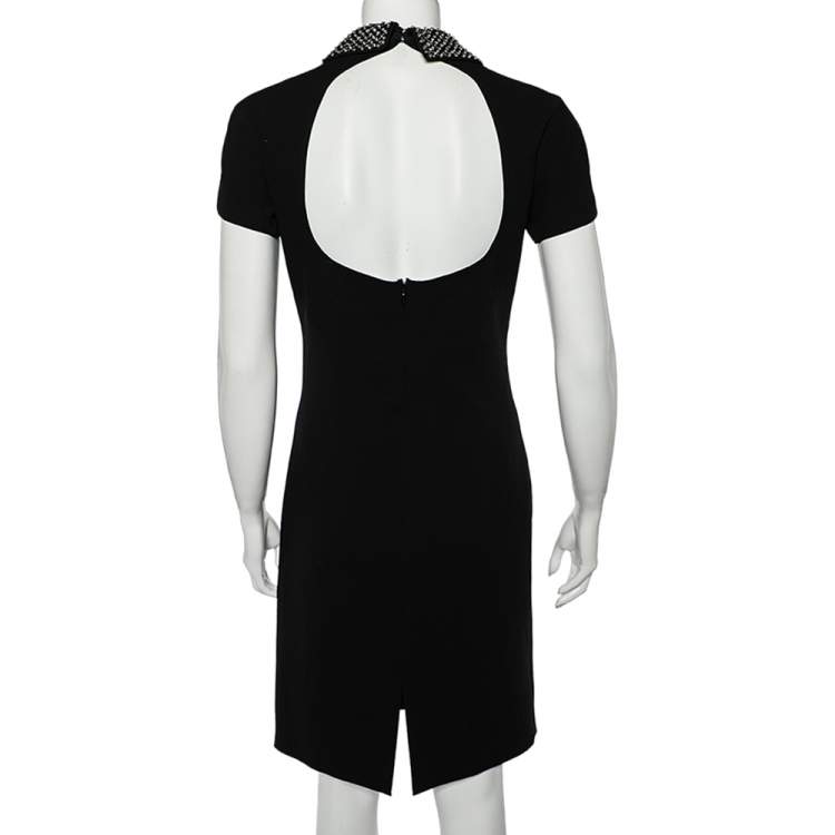 Pre Owned Emilio Pucci Black Textured Crepe Embellished Collar Detailed Ruched Dress S