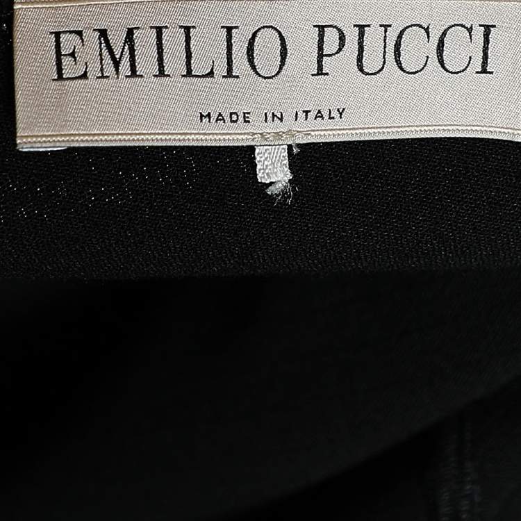 Pre Owned Emilio Pucci Black Textured Crepe Embellished Collar Detailed Ruched Dress S