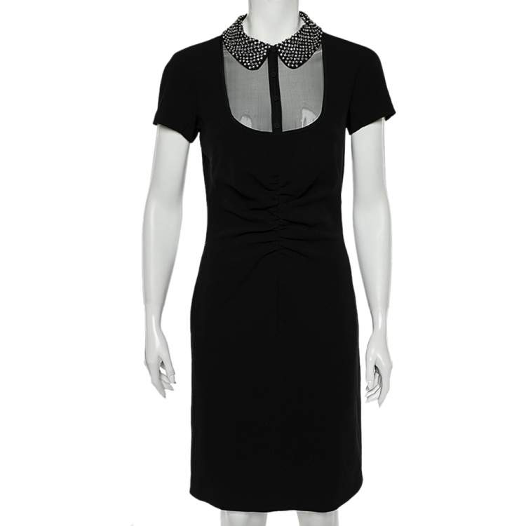 Pre Owned Emilio Pucci Black Textured Crepe Embellished Collar Detailed Ruched Dress S