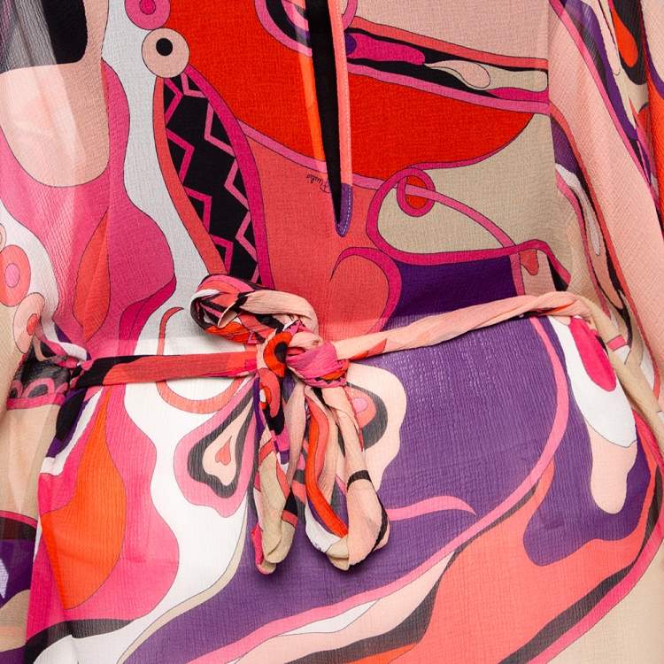 Pre Owned Emilio Pucci Multicolored Printed Silk Belted Kaftan Top M