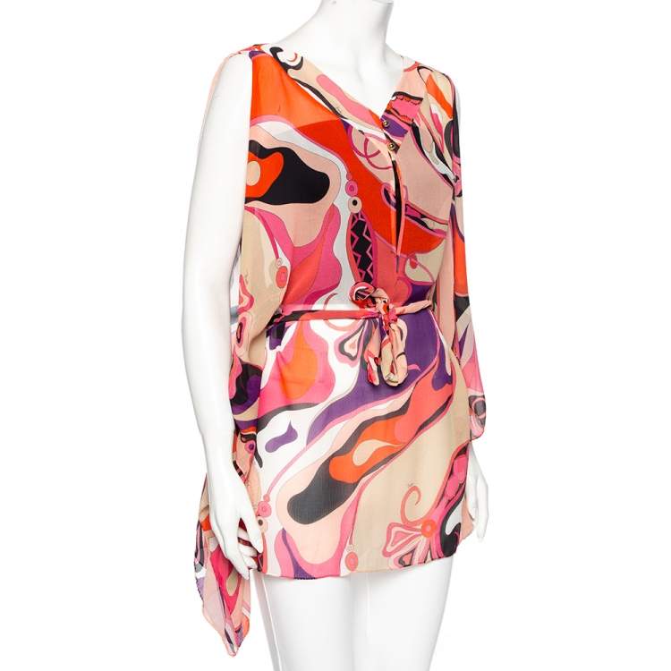 Pre Owned Emilio Pucci Multicolored Printed Silk Belted Kaftan Top M